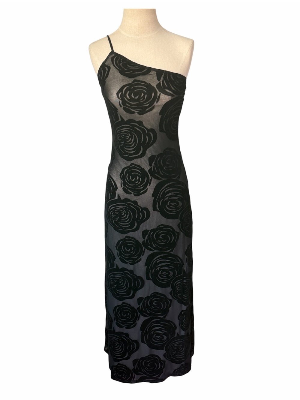Commense Asymmetric One-Shoulder Black Rose-Print Maxi Long Dress